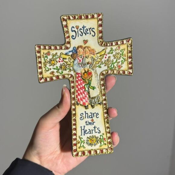 Vintage Shelly Rasche by Roman Inc. Ceramic Cross "Sisters Share Their Hearts" - Picture 2 of 5